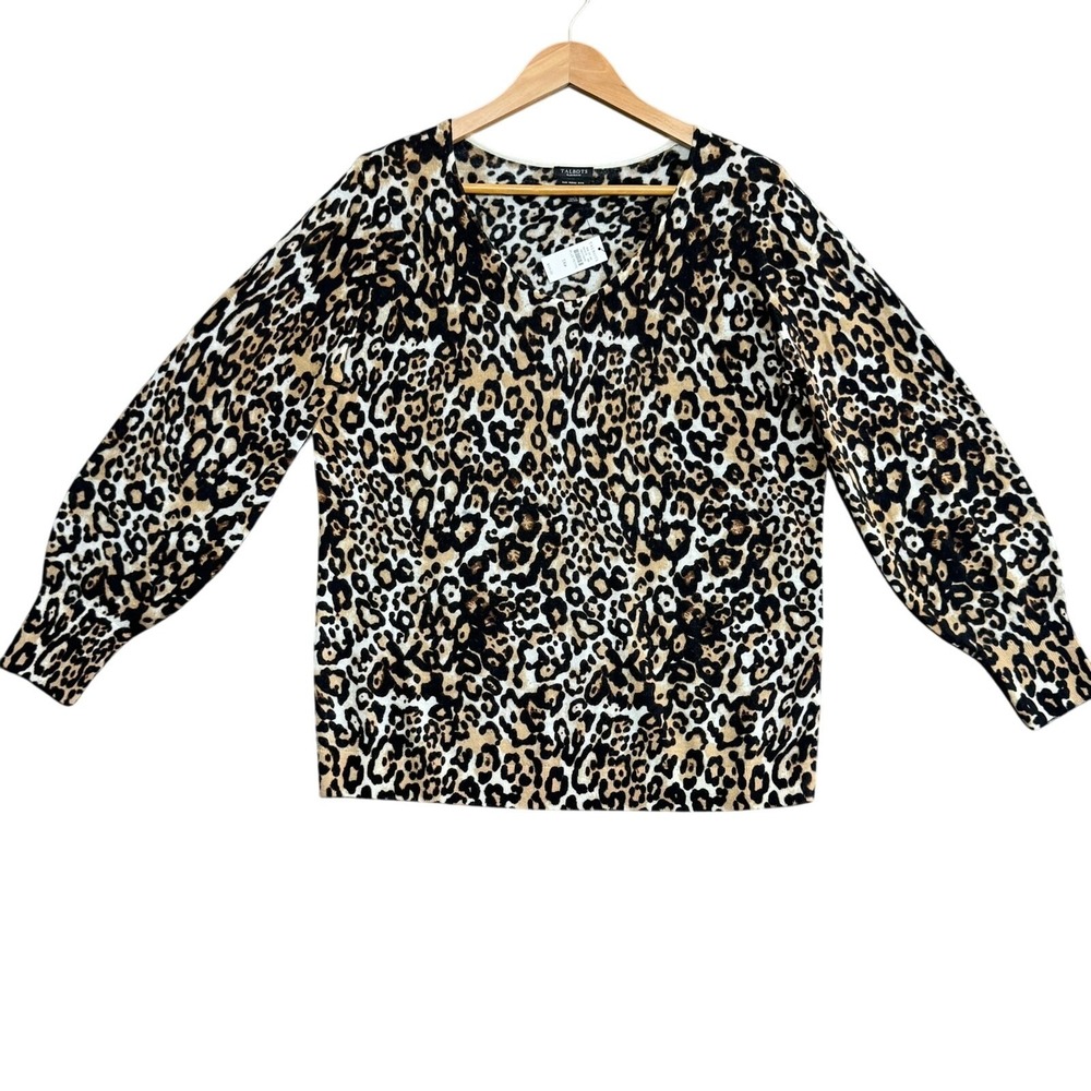 TALBOTS Merino Wool Leopard Print V Neck‎ Sweater Womens 1XP Petite Soft Warm